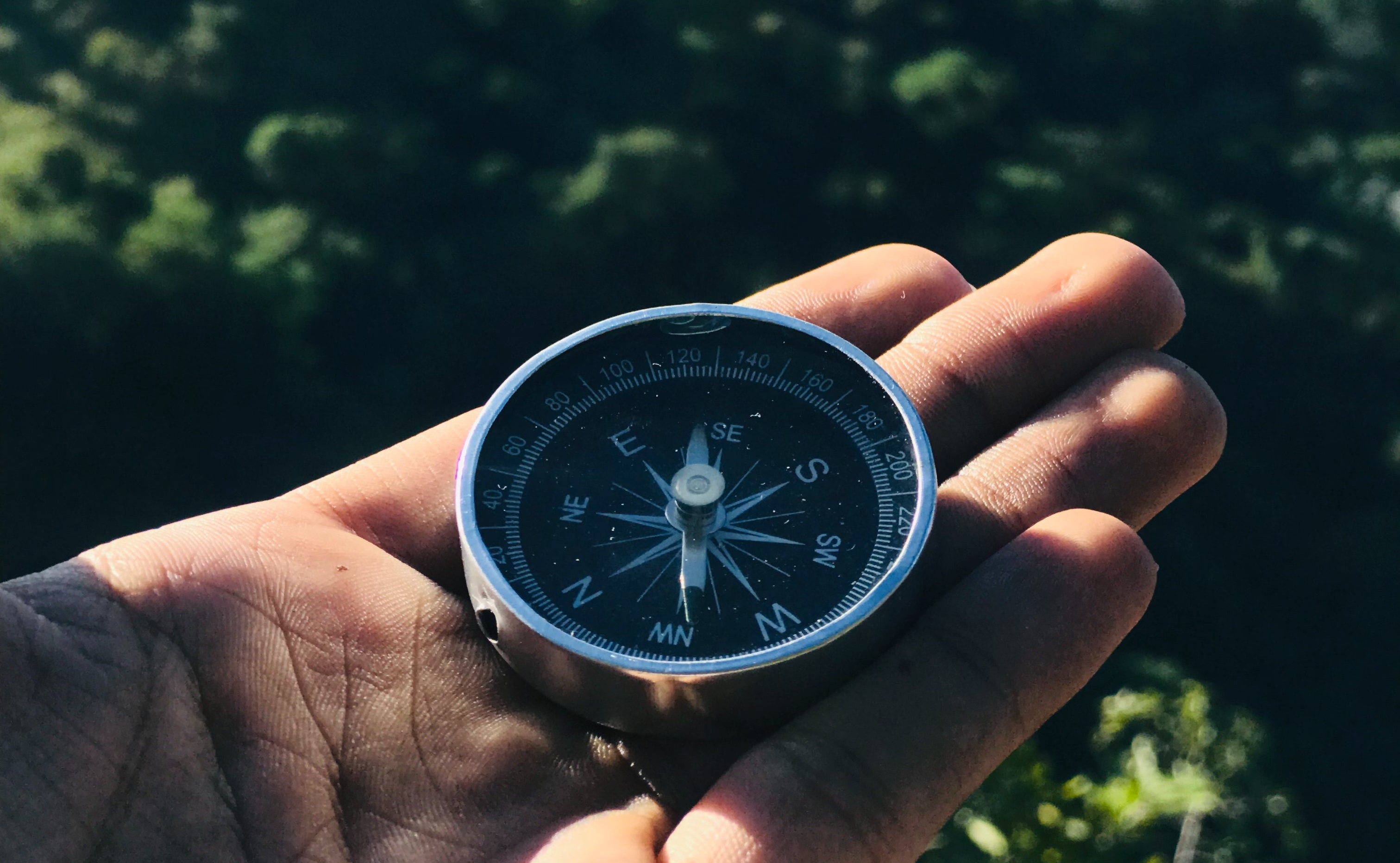 Ein Kompass liegt auf der Hand eines Menschen in der Natur.